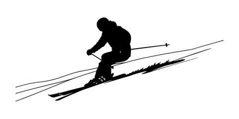 Dynamic silhouette of a skier descending a snowy mountain slope with speed.