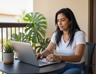 A woman focuses on her laptop, reflecting on her emotions and mental health while practicing online therapy. Her serene space is filled with plants, promoting calmness and mindfulness