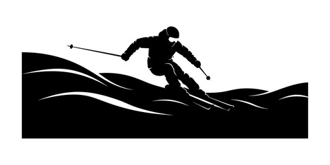 Fototapeta premium Dynamic Silhouette of Skier Descending Snow-Covered Slopes.