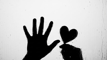 Silhouette of a hand reaching for a heart drawn on a wet window pane