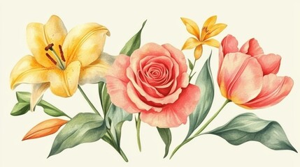 Fototapeta premium Watercolor floral arrangement showcasing lilies, roses, and tulips for backgrounds