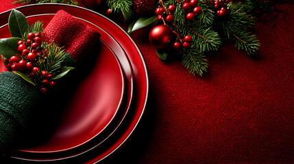 Close up of festive table setting with red napkin and table