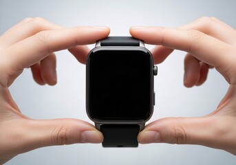 Photorealistic hands holding modern smartwatch with blank screen mockup