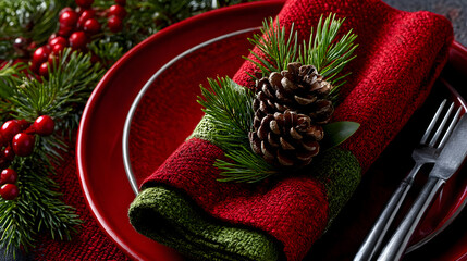 Close up of festive table setting with red napkin and table