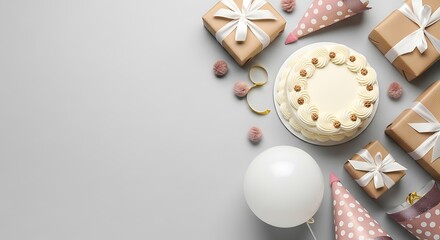 Birthday celebration flat lay with cake, gift boxes, party hats, and balloon on a grey background