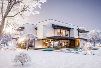3d rendering of two-story house with parking and pool for sale or rent with concrete facade and beautiful landscaping on background. Cool winter day with shiny white snow