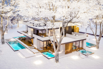 3d rendering of two-story house with parking and pool for sale or rent with concrete facade and beautiful landscaping on background. Cool winter day with shiny white snow