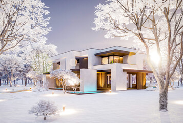 3d rendering of two-story house with parking and pool for sale or rent with concrete facade and beautiful landscaping on background. Cool winter day with shiny white snow