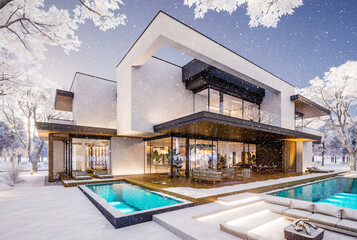 3d rendering of two-story house with parking and pool for sale or rent with concrete facade and beautiful landscaping on background. Cool winter day with shiny white snow