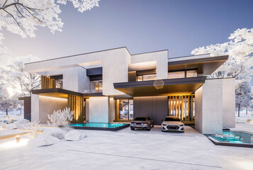 3d rendering of two-story house with parking and pool for sale or rent with concrete facade and beautiful landscaping on background. Cool winter day with shiny white snow