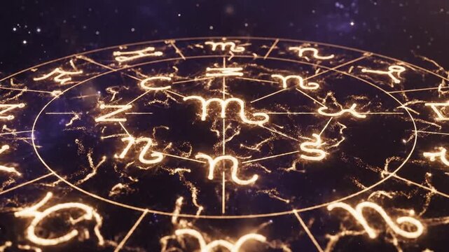 Zodiac symbols ablaze in cosmic circle