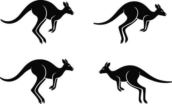 A collection of four dynamic black silhouette vectors of a leaping kangaroo in various poses, ideal for Australian travel branding, sports mascots, wildlife icons, and modern design elements.