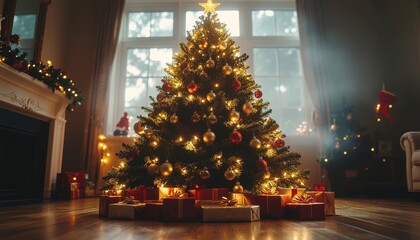 Cozy Christmas Tree Adorned with Lights and Presents in a Warmly Lit Living Room Setting