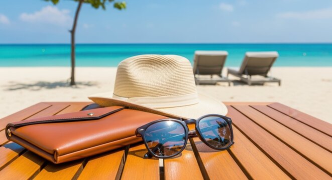 Beach Day Essentials: A sun-drenched scene showcasing the quintessential items for a perfect beach day, from a stylish sun hat and sunglasses to a leather journal. - Powered by Adobe