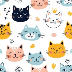Smiling cat pattern: A delightful illustration of various smiling cat faces in a seamless pattern, perfect for adding a touch of whimsy and joy to any design.