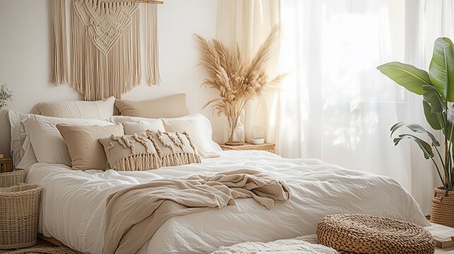Boho style cozy bedroom interior design with minimalist beige bedding, macrame wall hanging, pampas grass and indoor plants, modern home aesthetic in bright natural sunlight, peaceful and relaxing atm