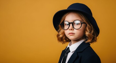 Intelligent Child: A stylish child exudes confidence, sporting round glasses, a smart hat, and a sophisticated suit, posing with an air of intellectual charm against an eye-catching backdrop.