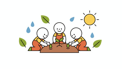 Fototapeta premium A garden area with children planting seeds in soil excitedly learning about nature and growth.