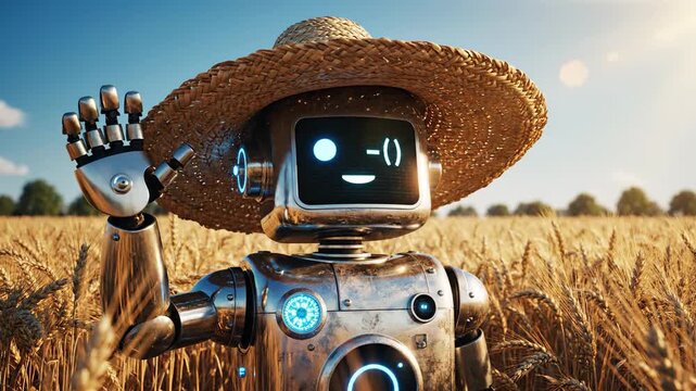Friendly robot farmer wearing a straw hat waves hello in a golden wheat field.