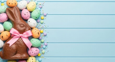 Easter Bunny and Decorated Eggs: A delightful springtime scene with a chocolate bunny figurine and a collection of colorful decorated eggs, nestled on a vibrant, light blue background.