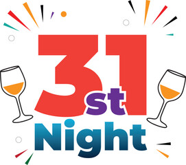 31st night december celebration logo with wine glasses illustration and festive fireworks