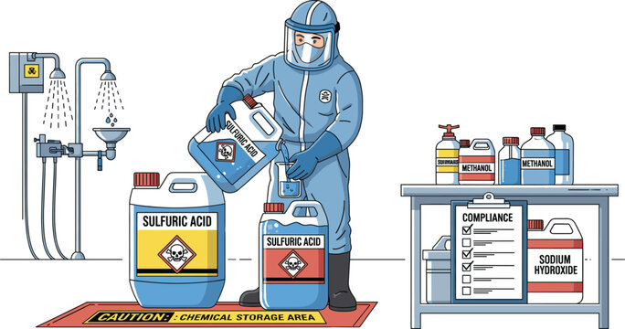 Hazardous chemical handling safety in laboratory with protective gear, sulfuric acid transfer, compliance checklist, and emergency eyewash station.