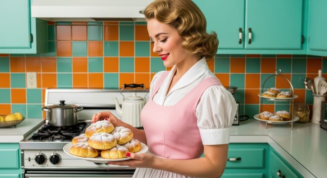 Vintage Woman in a Retro Kitchen: Capturing a nostalgic scene, a woman in vintage attire presents a plate of pastries in a stylish retro kitchen, complete with colorful tiles and charming appliances. - Powered by Adobe