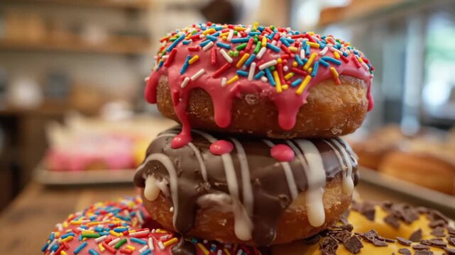 Stack of delicious donuts with colorful toppings and frosting in a bakery setting.