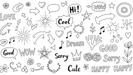 Doodle elements with words and shapes isolated on a transparent background hand drawn
