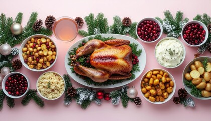 Festive Holiday Feast Featuring Roasted Turkey and Accompaniments on a Pink Table with Decorations