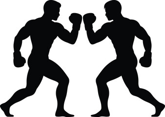 Black Silhouette of Two Boxers in a Fighting Stance with Gloves, Symbolizing Competition, Strength, Combat Sport, Fitness Training, and Aggressive Athletic Challenge.