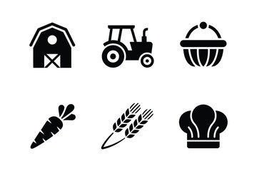 A set of agriculture and cooking icons featuring a barn, tractor, and chef hat