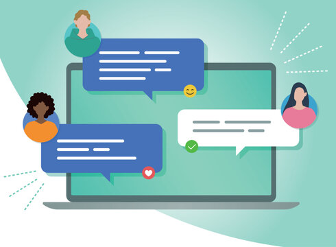 インターネットを使ったチャットコミュニケーション　パソコンと人物　　オンライン接続