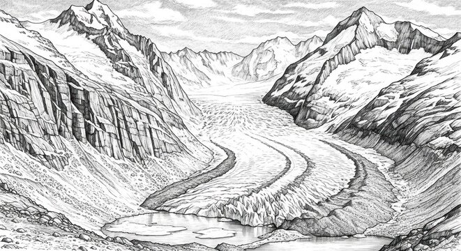 Majestic Glacier Carving Through Snow-Capped Mountains in a Dramatic Landscape.