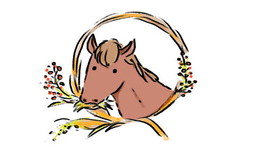 正月飾りを食べる馬のかわいいイラスト