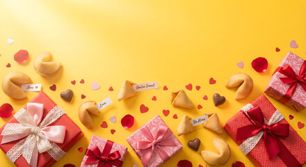 A festive arrangement of gifts fortune cookies and heart confetti on yellow