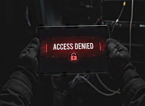 Hacker Holding Tablet Displaying Access Denied Message With Red Glitch Effect In Dark Server Room - Powered by Adobe