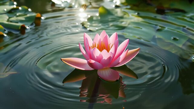 Tranquil pond surface with a solitary water lily bud surrounded by lily pads