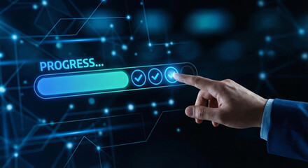 A hand interacting with a digital progress bar displaying completion symbols