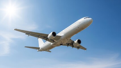 Obraz premium Airplane climbs into a bright, clear blue sky with a beaming sun above the horizon