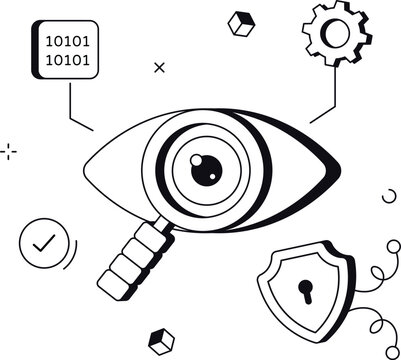 Data vulnerability assessment with magnifying glass shield and binary code isometric flat vector illustration