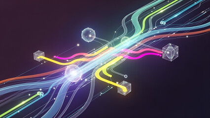 Dynamic abstract flow of vibrant light streams connecting glowing nodes in a futuristic digital network concept