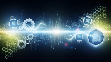 Stunning digital signal processing and mechanical gears illustrate dynamic futuristic technology innovation for data analysis