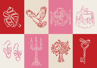 Whimsical wedding and love doodle collection. Art for greeting card, logo design, brand identity, packaging design.	