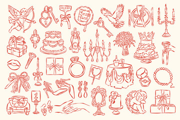 Whimsical wedding and love doodle collection. Art for greeting card, logo design, brand identity, packaging design.	