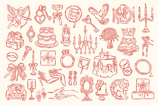 Whimsical wedding and love doodle collection. Art for greeting card, logo design, brand identity, packaging design.	