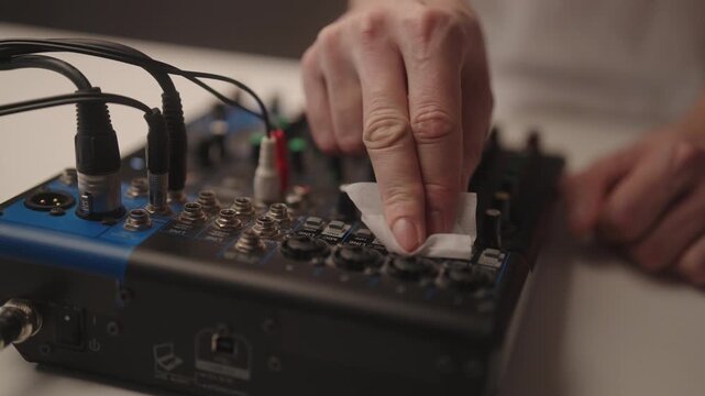 Close-up of hand cleaning audio mixing console with soft cloth, removing dust from knobs and faders to ensure proper functionality and prolong life of sound production equipment, slow motion.
