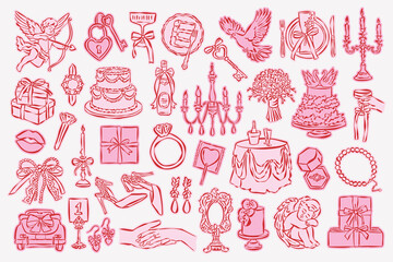 Whimsical wedding and love doodle collection. Art for greeting card, logo design, brand identity, packaging design.	