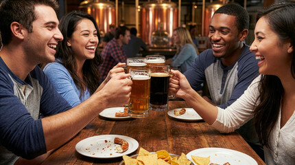 diverse group celebrates together, group of friends from various backgrounds savoring evening together