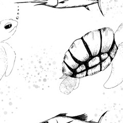 Detailed seamless pattern: Hand-drawn black and white marine life repeating background. Vintage ink sketch of sea turtles, swordfish, and bubbles. Ideal for textile, print, and ocean-themed designs.